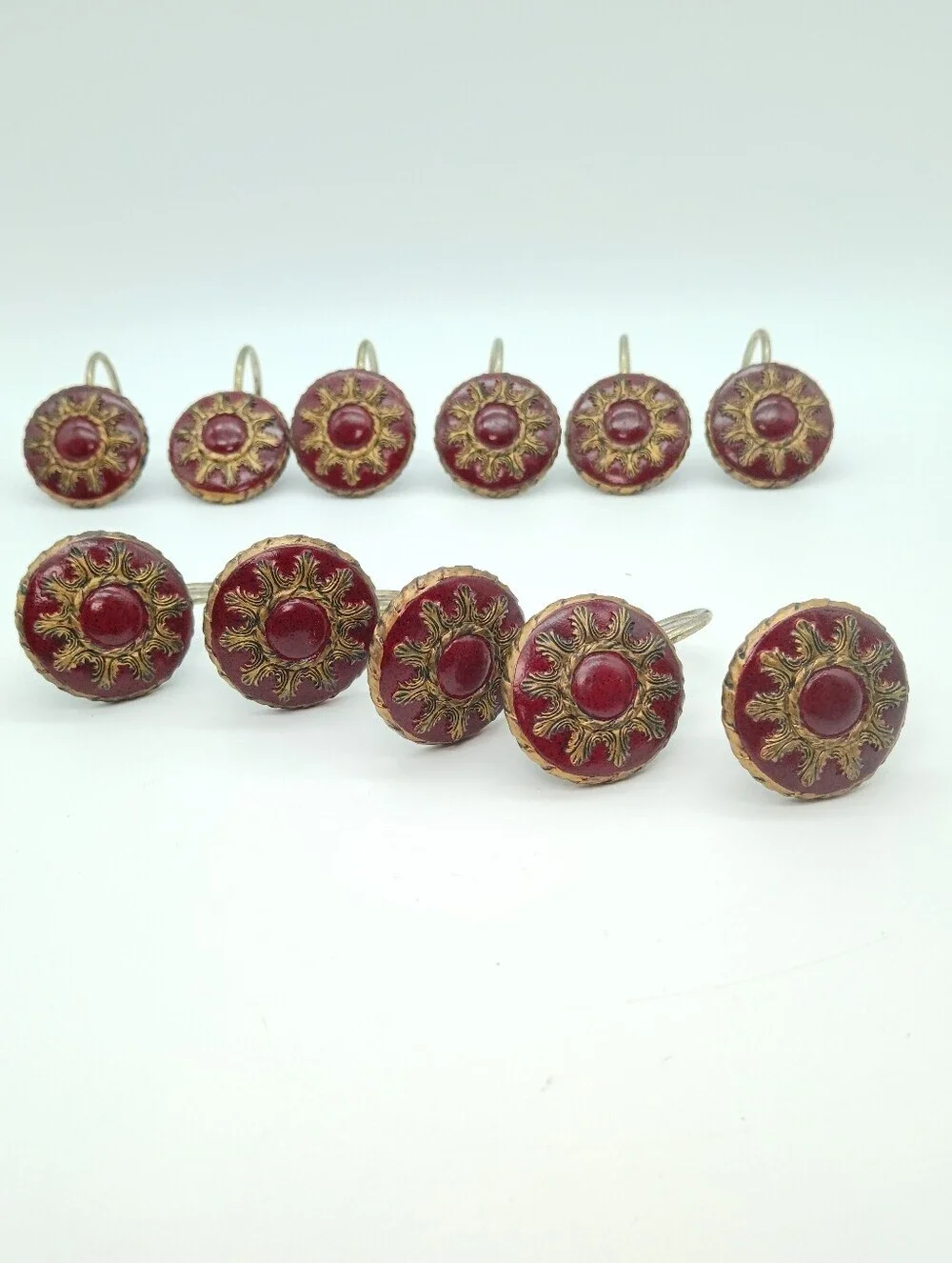 Vintage-Inspired Red and Gold Victorian Shower Rings - Set of 11 (One Missing)